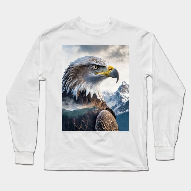 Snowy Summit Soar: Eagle Double Exposure with Mountain Majesty Long Sleeve T-Shirt by MBSCREATIVES